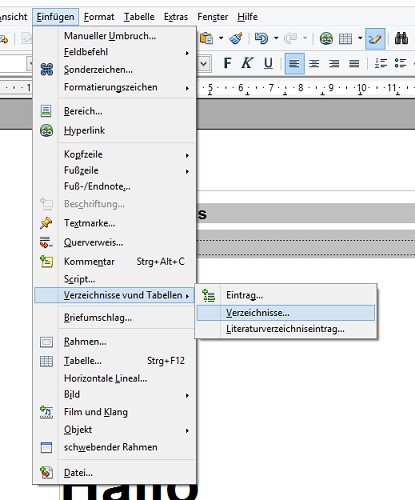 Inhaltsverzeichnis OpenOffice: Formatvorlage auswählen